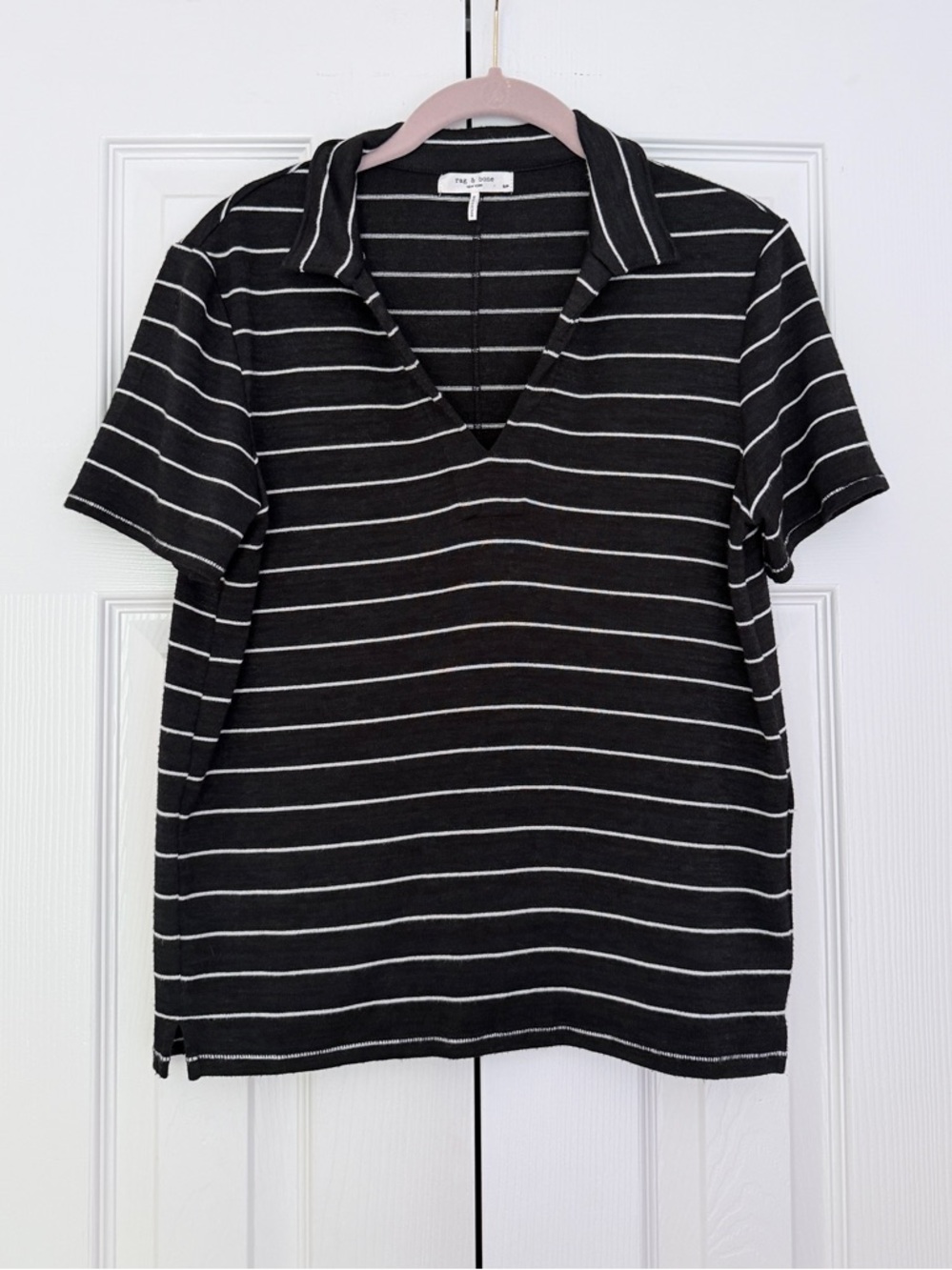 rag & bone Black and White Striped Short Sleeve Polo Top size S